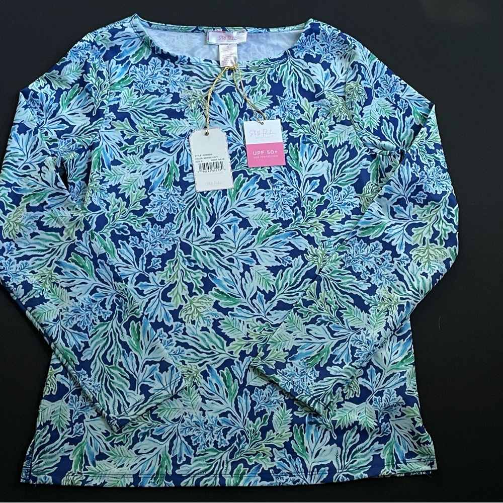 Stella Parker UPF 50 Navy Leaf Print Top Sz Small